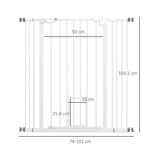 Extra Tall Dog Gate with Cat Door Auto Close for Stairs 74-101 cm Wide