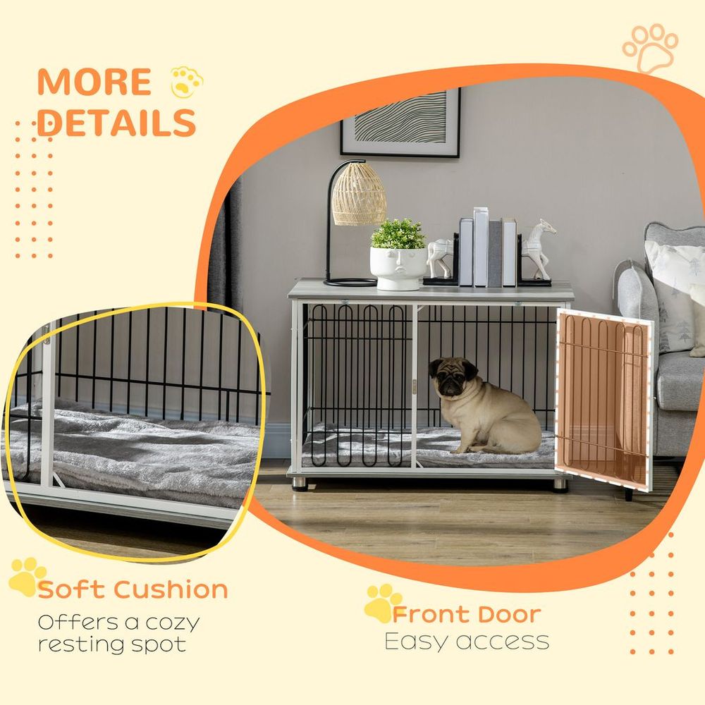Dog Crate Furniture End Table w/ Soft Washable Cushion, Lockable Door with Multifunctional Detail