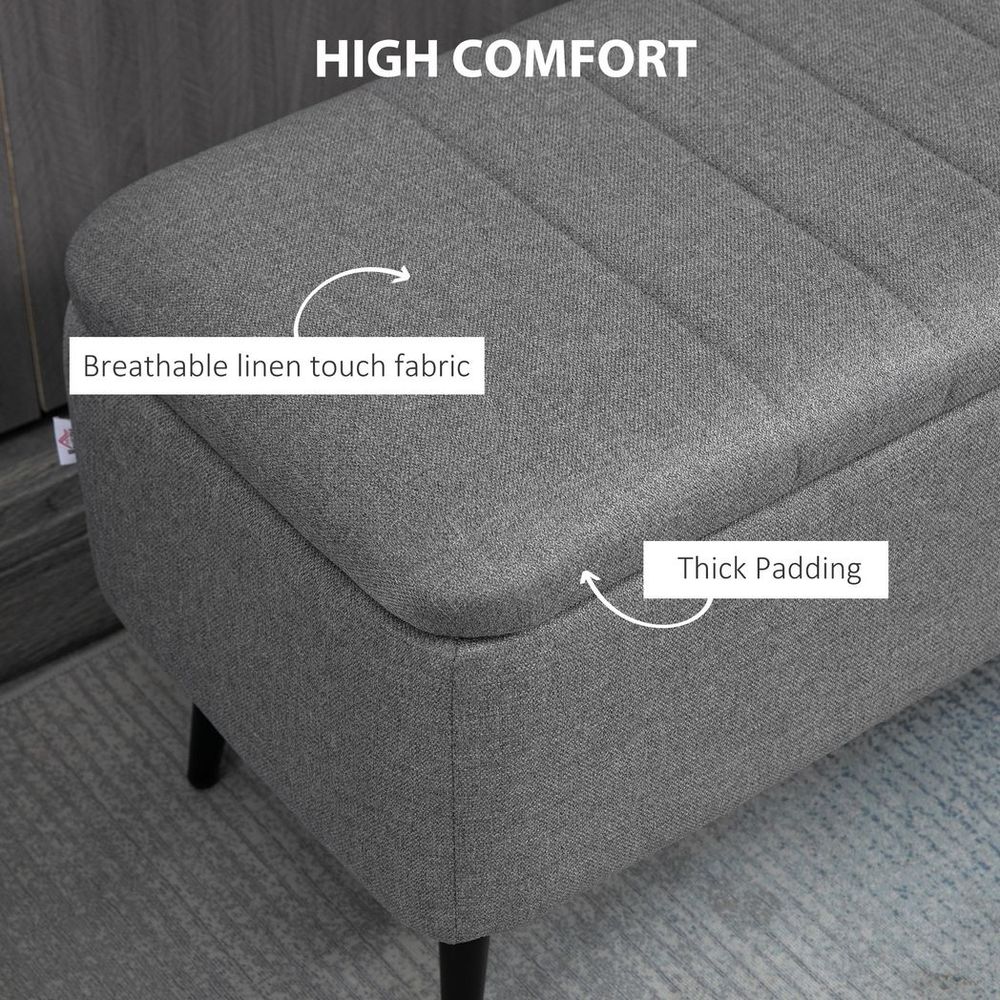 Storage Ottoman, Grey Linen Fabric, Steel Legs - Versatile Footstool Bench
