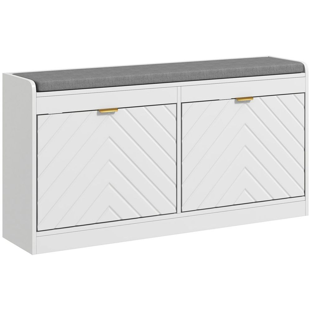 Shoe Bench with 2 Flip Drawers, Cushion, 8 Pairs for Entryway White