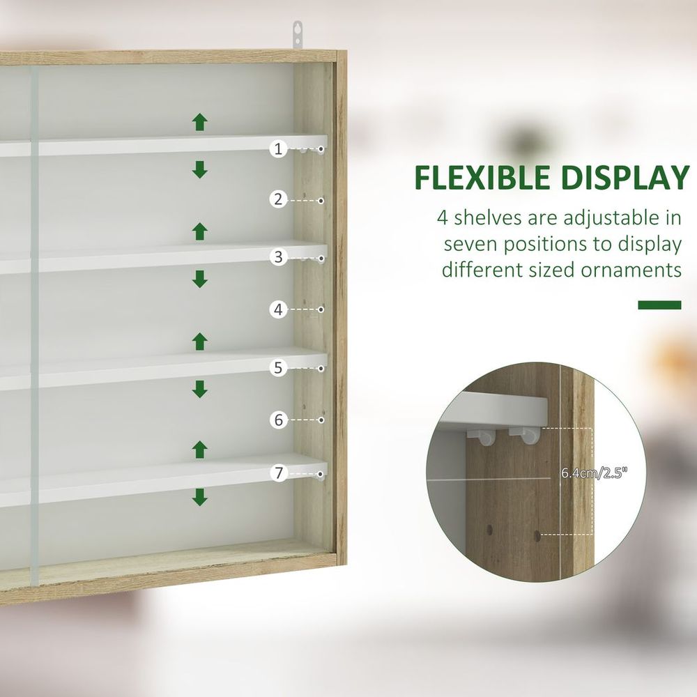 5-Tier Wall Display Shelf Unit Cabinet w/ Shelves Glass Doors Natural
