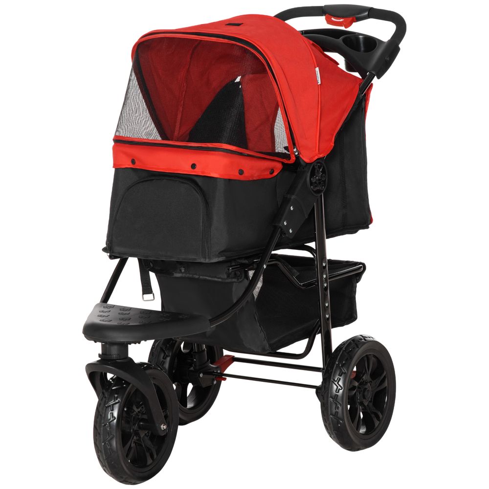 IE Located Folding Pet Stroller 3 Wheel Dog Jogger Travel Carrier Adjustable Canopy Storage Brake Mesh Window for Small Miniature Dog Cat Red
