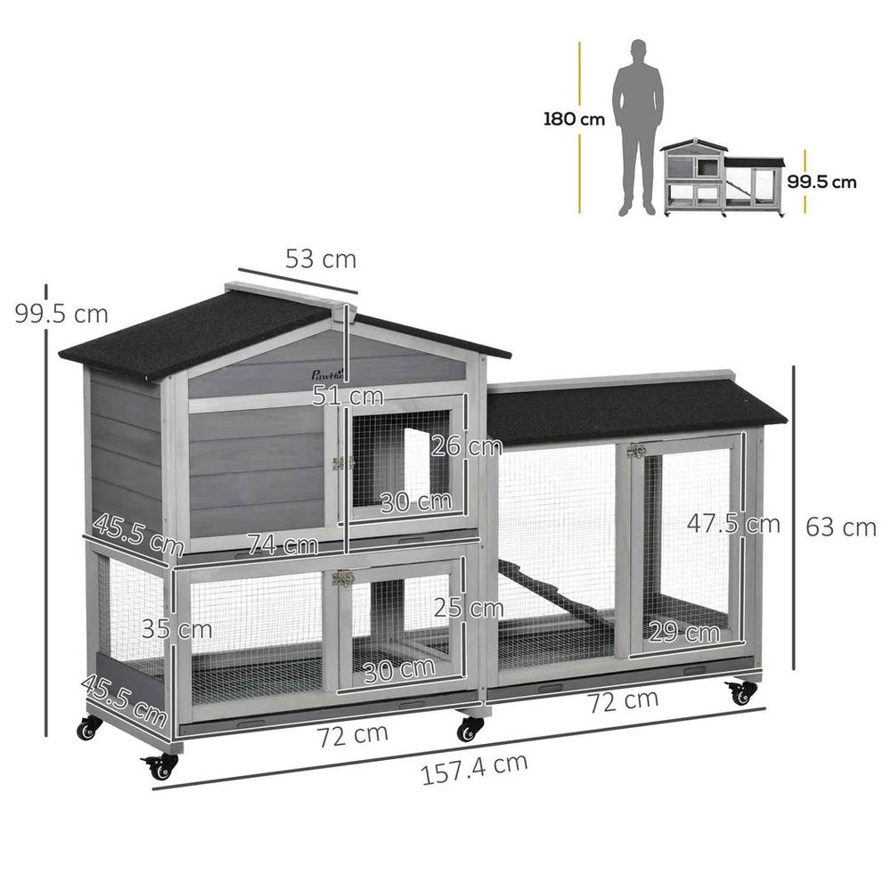 Wooden Rabbit Hutch & Guinea Cage - Slide-Out Tray, Ramp, Wheels, Easy Assembly - Light Grey