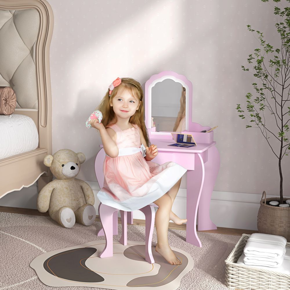 Kids Dressing Table Cloud Design with Mirror Stool Drawer Storage Boxes