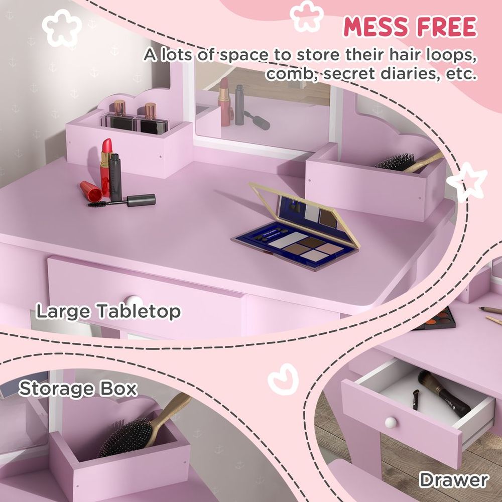 Kids Dressing Table Cloud Design with Mirror Stool Drawer Storage Boxes
