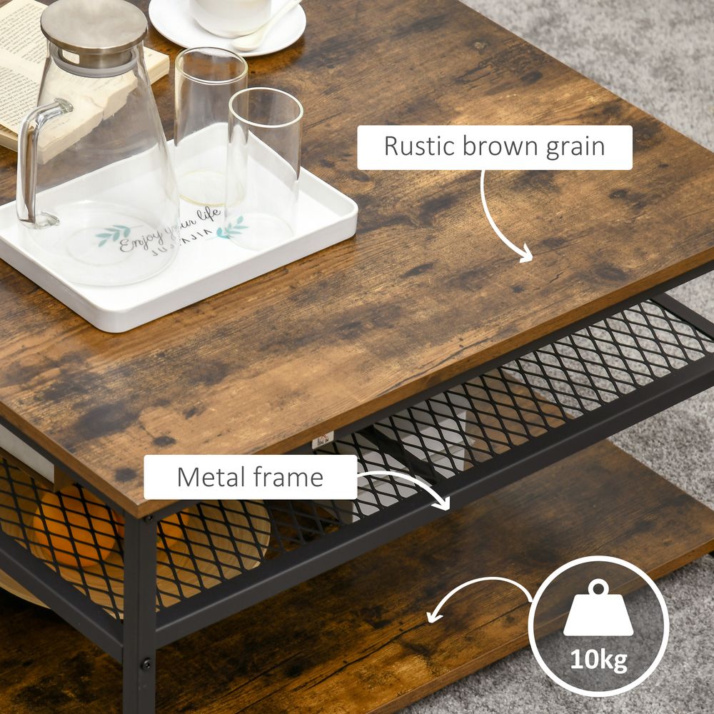 Coffee Table, Living Room Table with 3-Tier Storage Shelves, Square Tea Table for Home Office, Rustic Brown