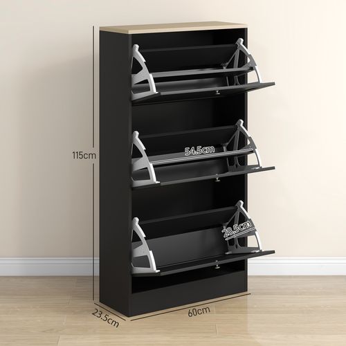 Narrow Shoe Cabinet with 3 Flip Drawers for 18 Pairs of Shoes Black