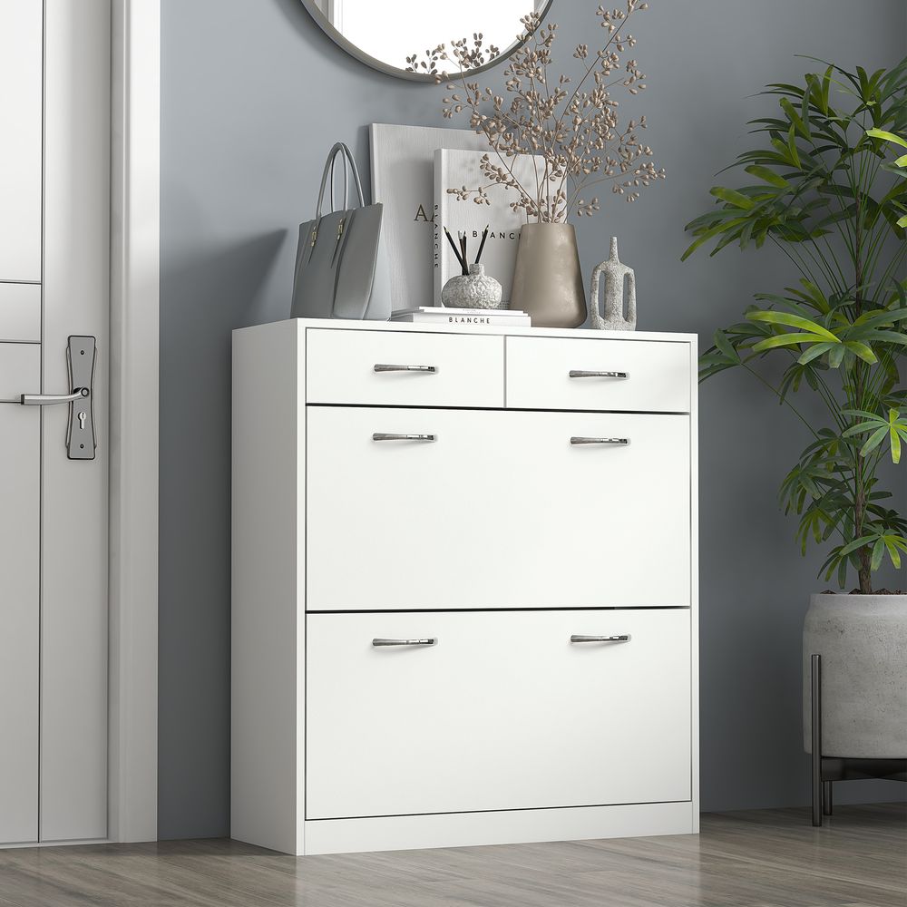 Slim Shoe Cabinet with 2 Flip Drawers for 12 Pairs of Shoes White