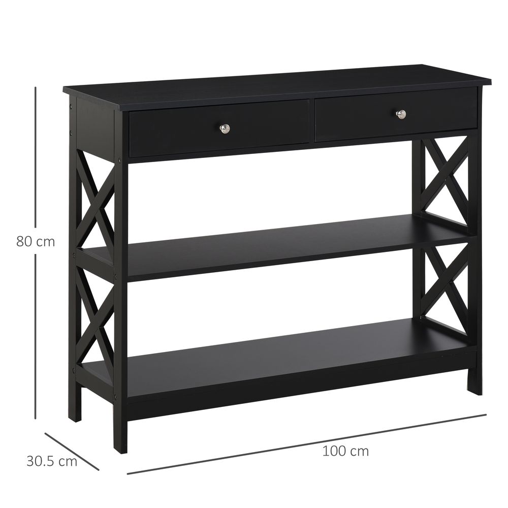 Console Table Side Desk w/Shelves Drawers Open Top X Support Frame Living Room Hallway Home Office Furniture Black