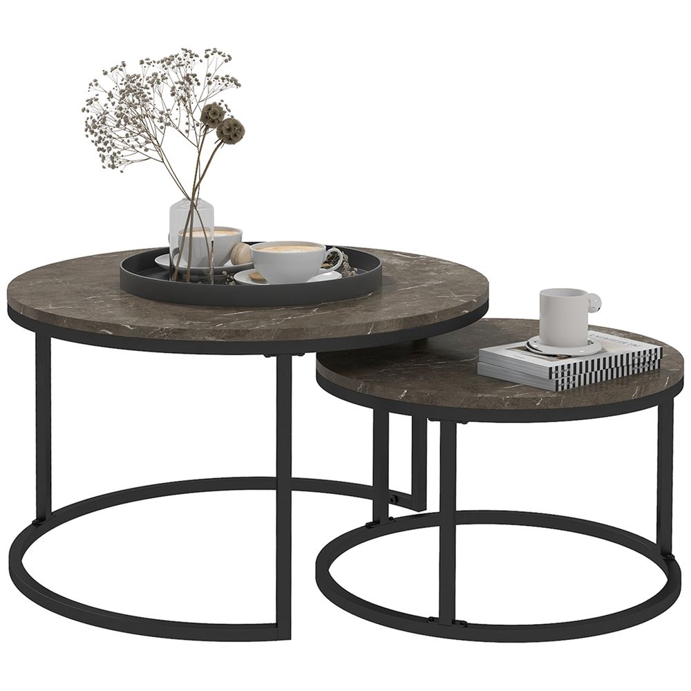 2-Pc Stacking Coffee Table Set: Steel Frame, Marble-Effect, Foot Pads