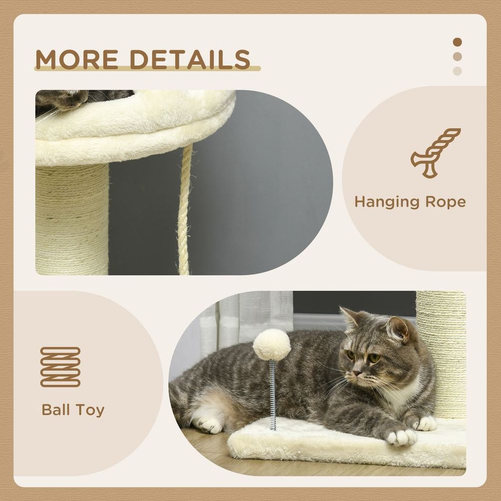 Indoor Cat Tree - Sisal Scratching Post, Spacious Kitten Bed - Cream
