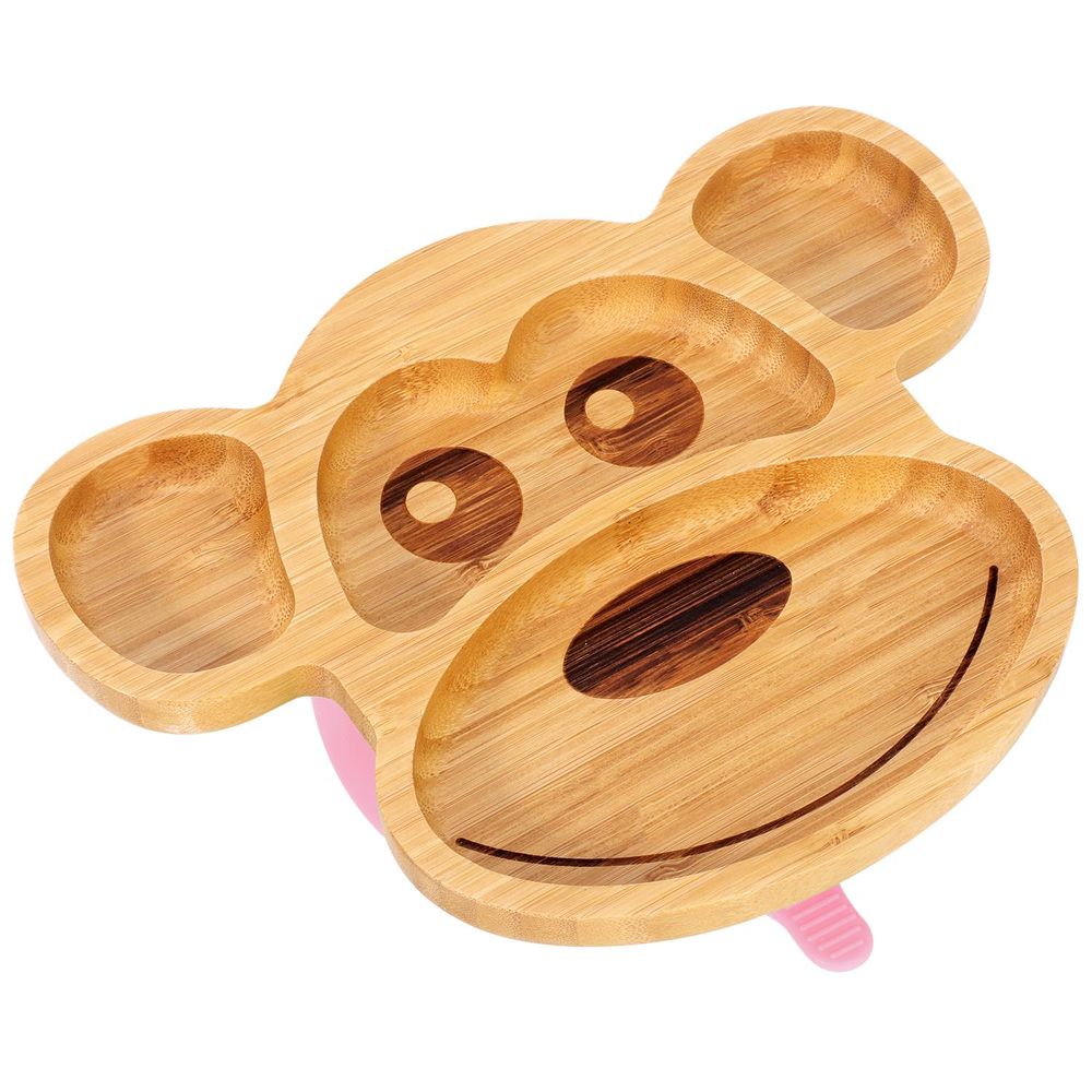Bamboo Monkey Plate Set - 4-Sectioned Plate, Bowl, & Spoon - Non-slip Base - Food-Grade Silicone - Easy to Clean Pink