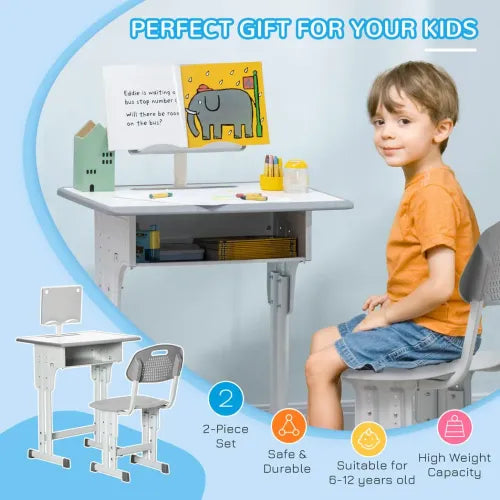 Kids Desk and Chair Set Adjustable Height Study Table Set w/Drawer, Book Stand, Pen Slot - Grey