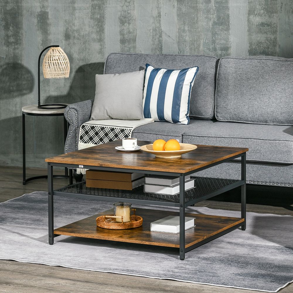 Coffee Table, Living Room Table with 3-Tier Storage Shelves, Square Tea Table for Home Office, Rustic Brown