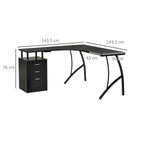 L-Shaped Computer Desk Table with Storage Drawer Home Office Corner Industrial Style Workstation for A4 Files 143.5 x 143.5 x 76cm, Black