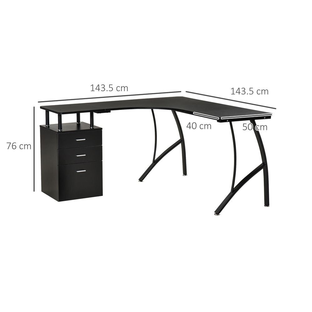 L-Shaped Computer Desk Table with Storage Drawer Home Office Corner Industrial Style Workstation for A4 Files 143.5 x 143.5 x 76cm, Black