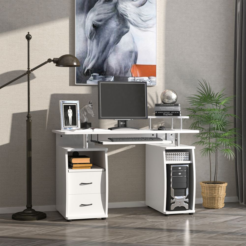 Modern White Computer Office Desk Workstation with Keyboard Tray and Drawer