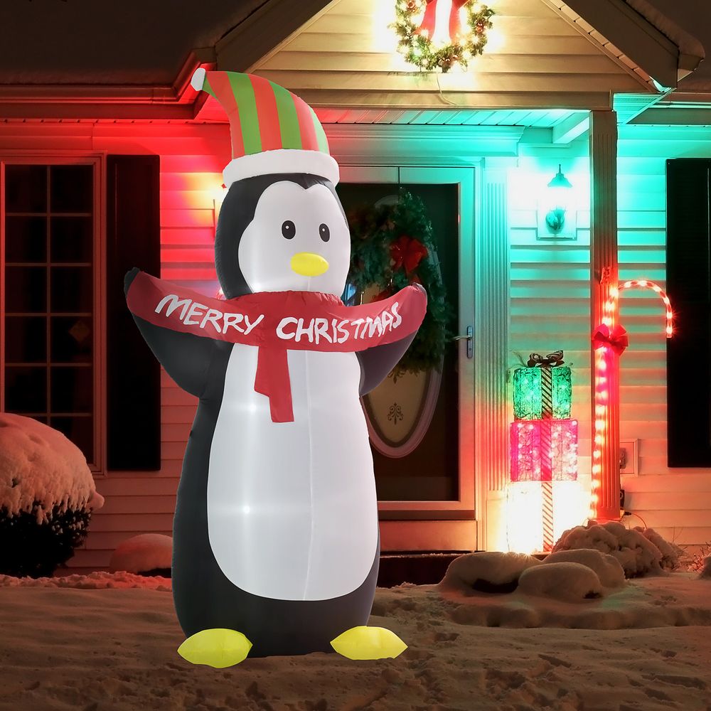 8ft Inflatable Penguin & Christmas Banner Decoration w/Inner LED Lights Indoor Outdoor Weather-Resistant Shell Fun Cute