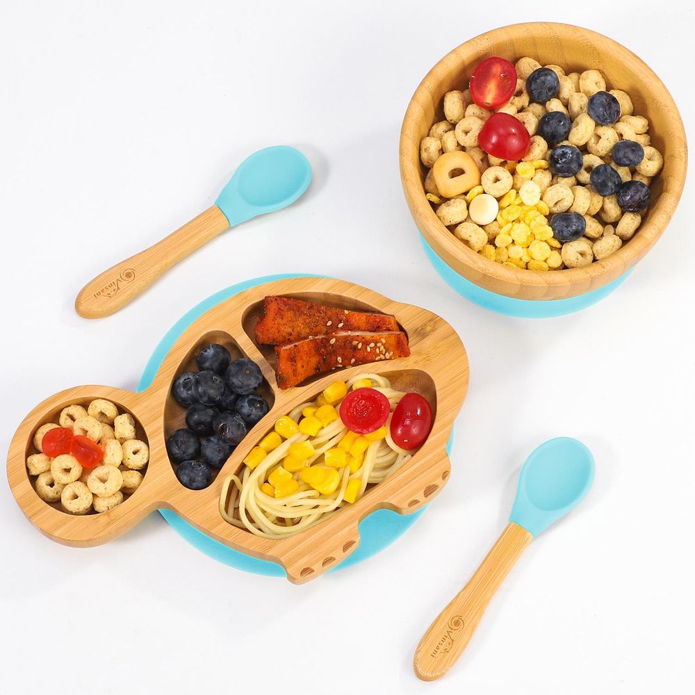 BAMBOO TURTLE PLATE SET: Non-Slip Suction Base - BPA-Free Silicone - Eco-Friendly & Easy to Clean Blue