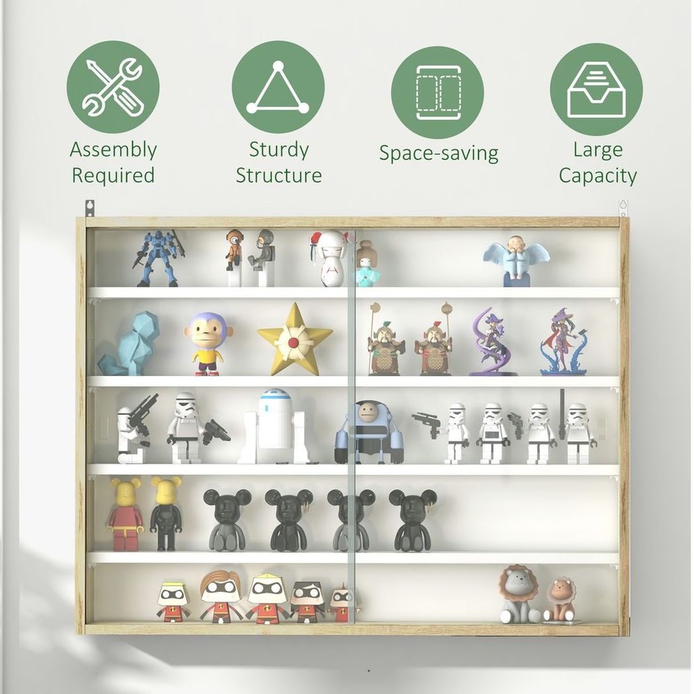 5-Tier Wall Display Shelf Unit Cabinet w/ Shelves Glass Doors Natural