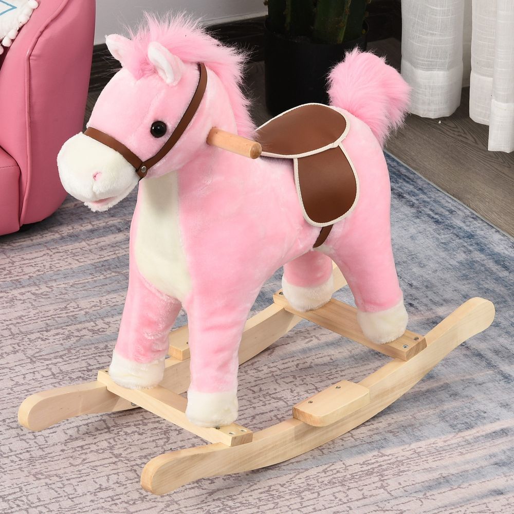 High-Quality Kids Plush Rocking Horse w/ Moving Mouth & Tail Sounds - Pink