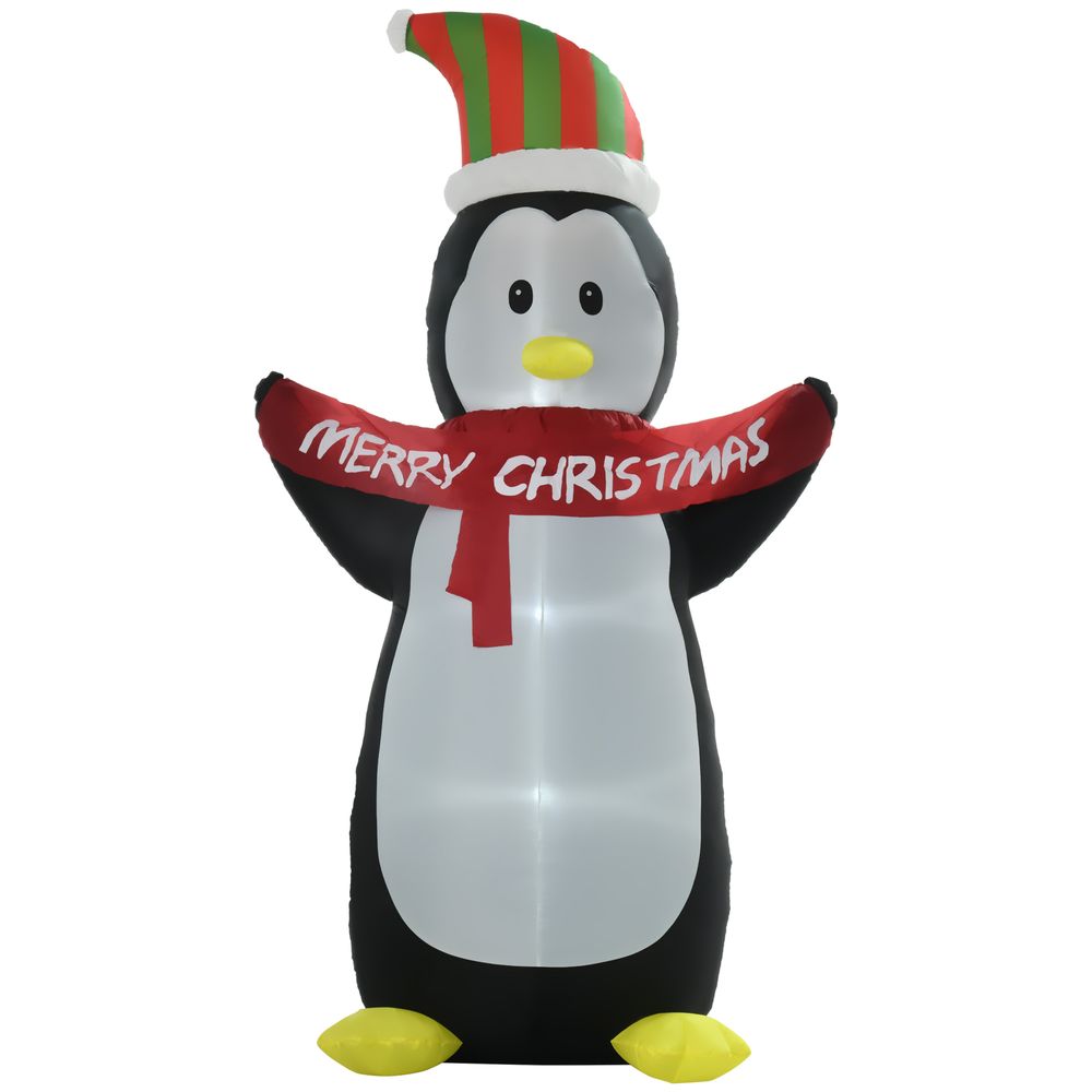 8ft Inflatable Penguin & Christmas Banner Decoration w/Inner LED Lights Indoor Outdoor Weather-Resistant Shell Fun Cute