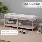 2-Tier Bed End Bench, Vintage Stool, Wooden Window Seat with Storage Shelf, Button Tufted Upholstered Footstool for Living Room, Bedroom, Entryway, Cream White