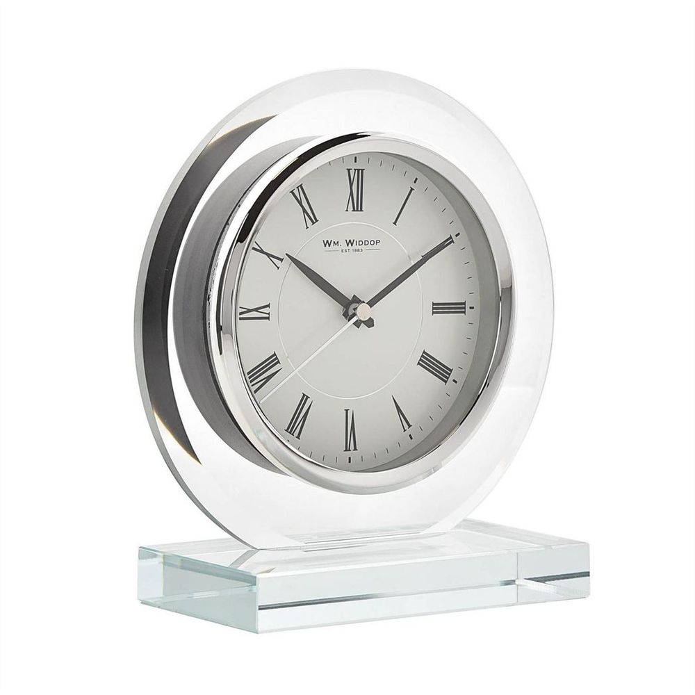 Wm.Widdop Round Glass Mantel Clock - Contemporary Design, Silver Bezel, Roman Numeral Dial - Gift, Long-lasting Style