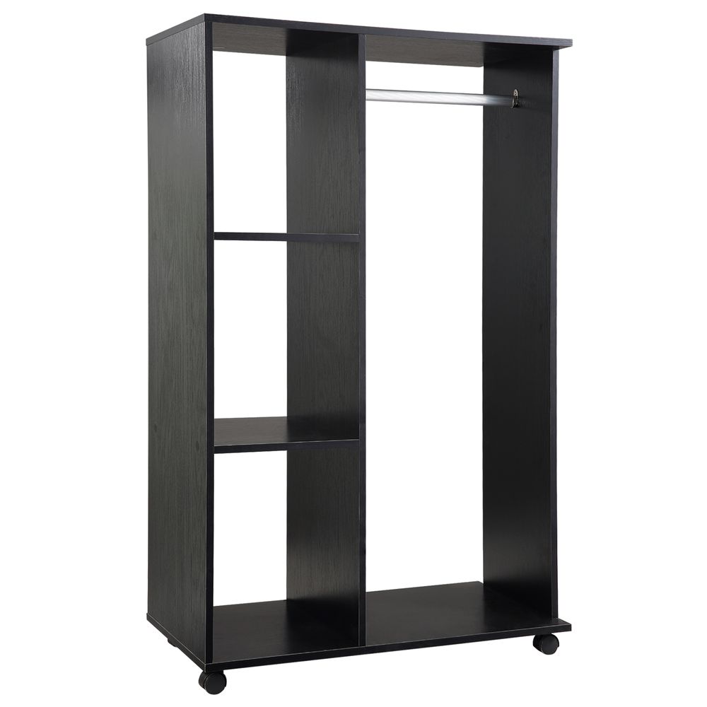 Space-Saving Rolling Open Wardrobe w/ Hanging Rail & Storage Shelves, Black