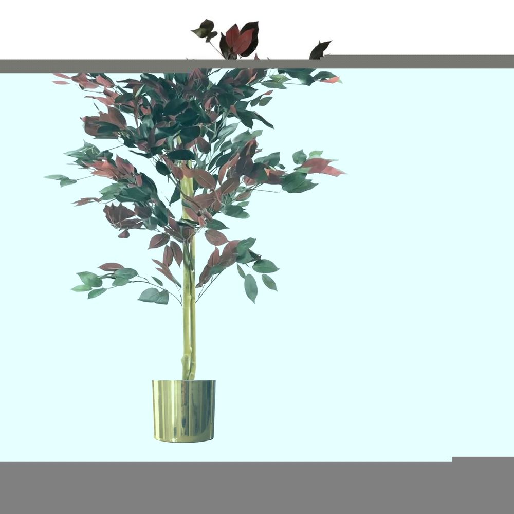 Red Ficus Tree - 120cm (4ft) - Realistic & Durable - Gold Metal Planter
