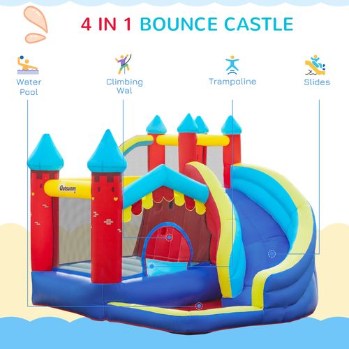 4 In 1 Kids Bouncy Castle, Large Inflatable House w/Trampoline, Slide, Water Pool, Climbing Wall, Includes Blower, Bag, Ages 3-8 Years, 2.9 x 2.7 x 2.3m