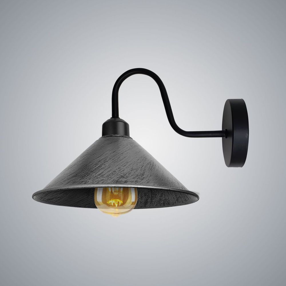 Brushed Silver Wall Light Fixture: Black Sconce, E27 Base Socket, Screw Type, Wall Mounted, Swan Neck, Cone Shape Shade