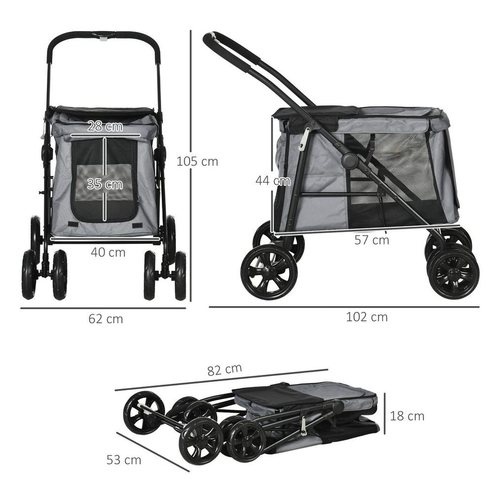 One-click Foldable Pet Stroller w/ Mesh Windows, for Small Pets - Grey