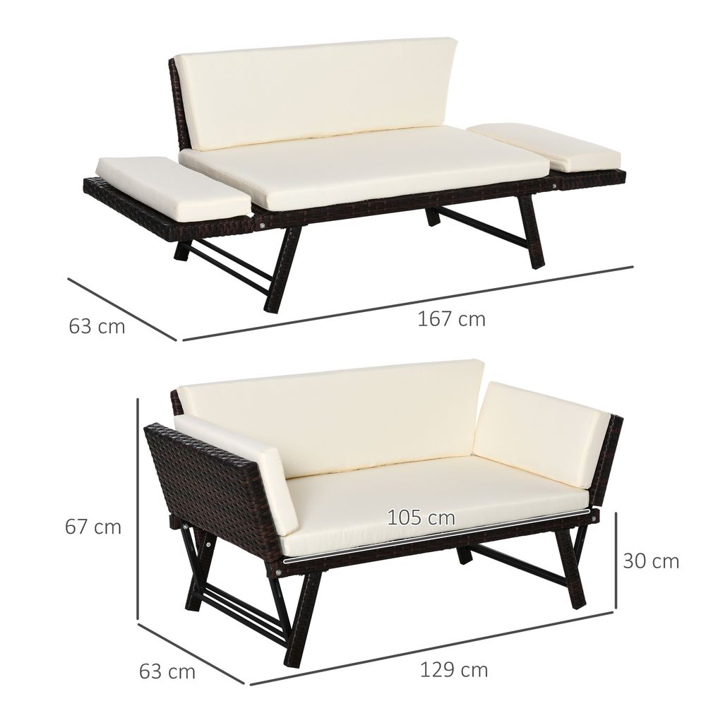 2-Seater Rattan Sofa Daybed - Convertible, Brown - Outdoor Furniture