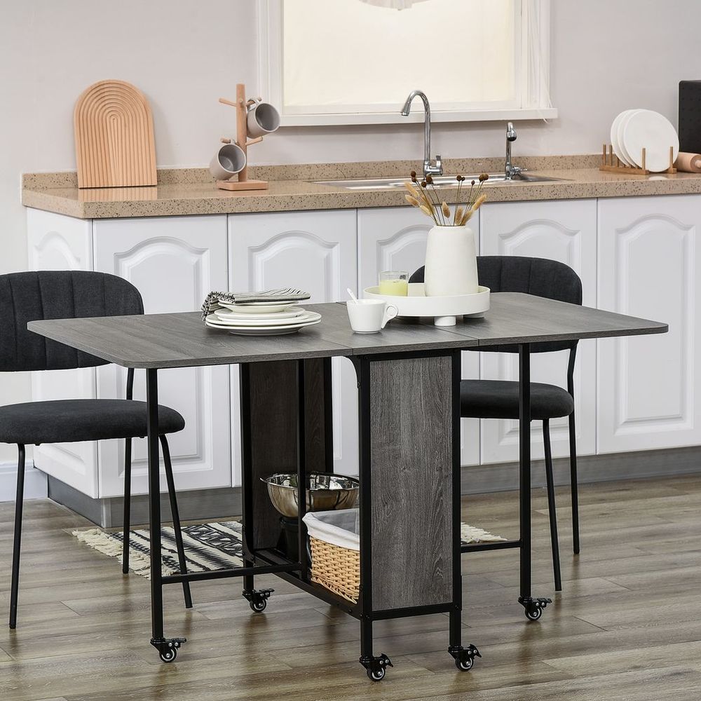 Mobile Drop Leaf Table Folding Kitchen Table Extendable Dining Table For Small Spaces With 6 Wheels & Storage Shelf Grey