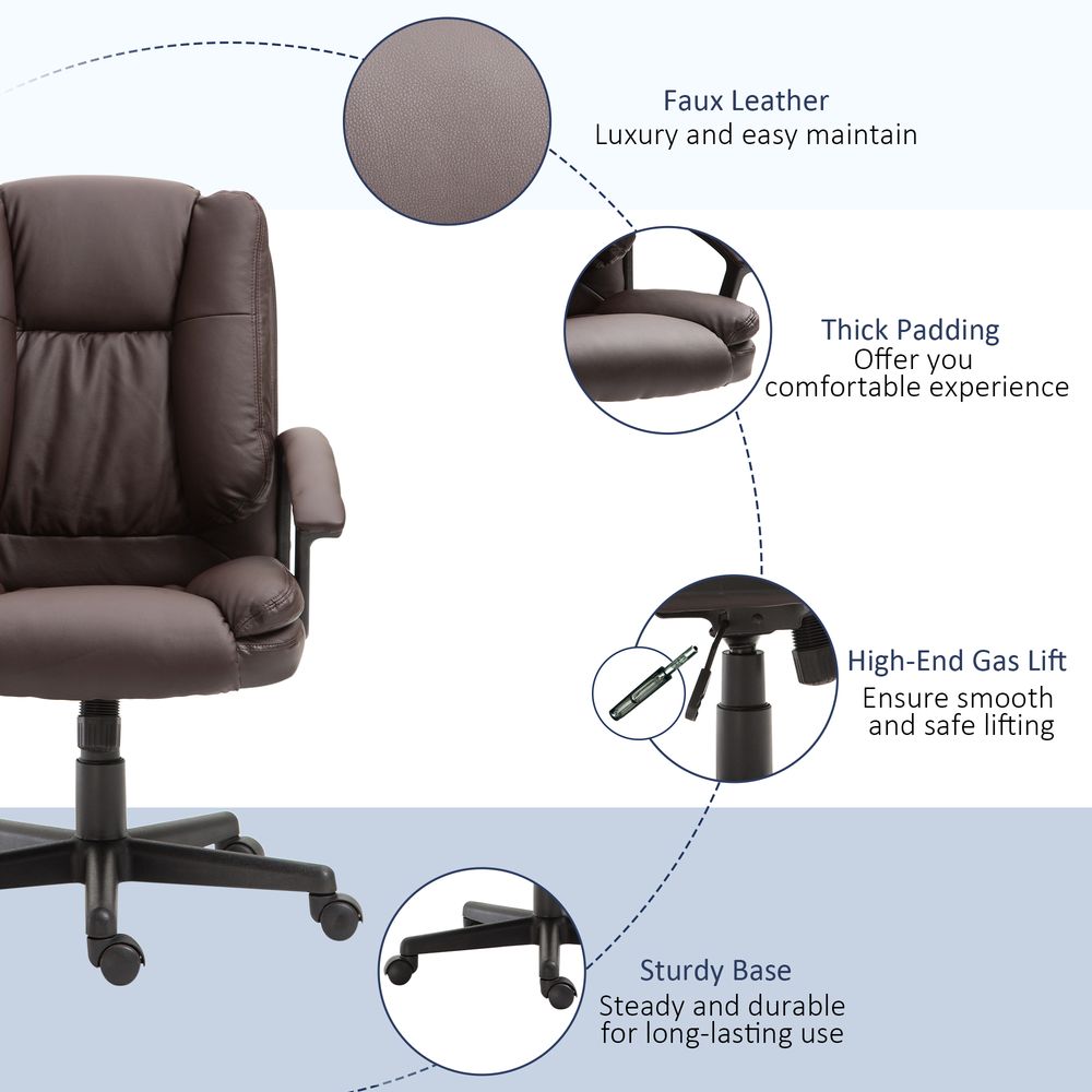 Office Chair, Faux Leather Computer Desk Chair, Mid Back Executive Chair with Adjustable Height and Swivel Rolling Wheels for Home Study, Brown