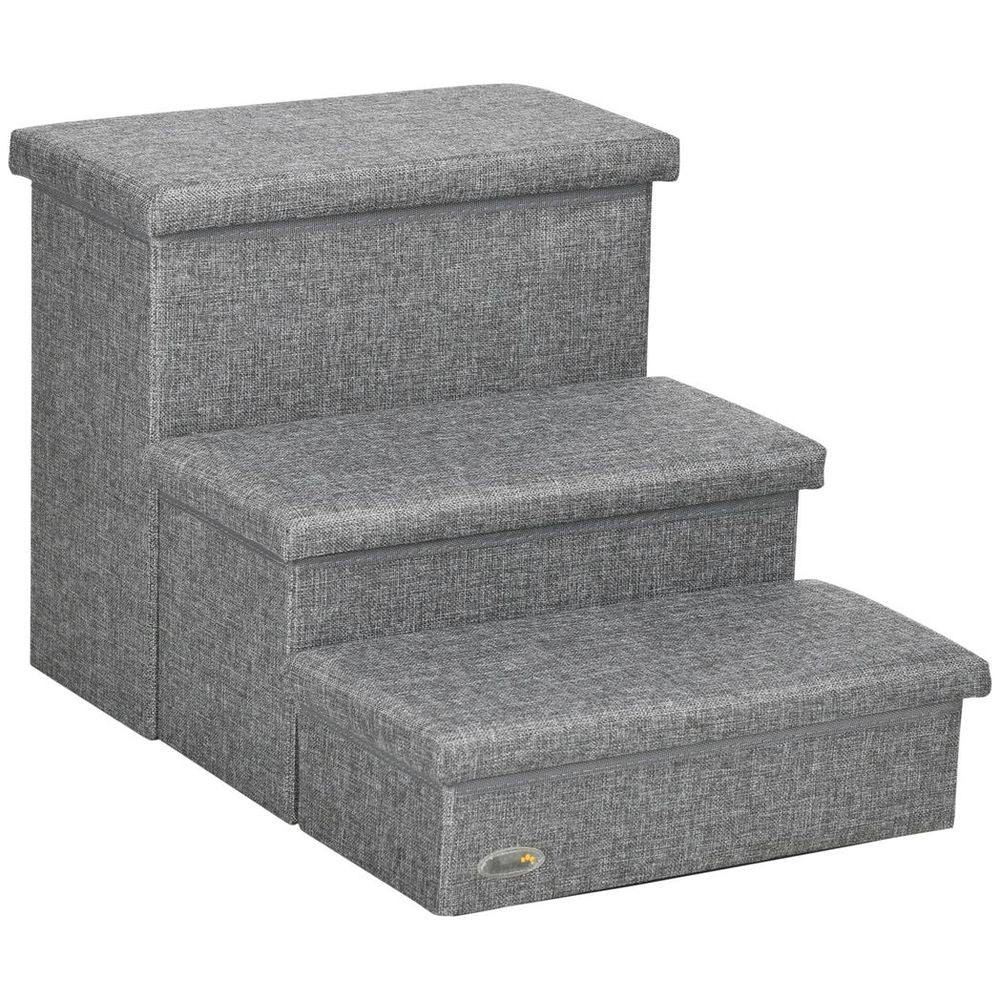 3 Step Dog Steps with Storage Boxes, Cat Stairs for Bed Sofa, Light Grey in Grey