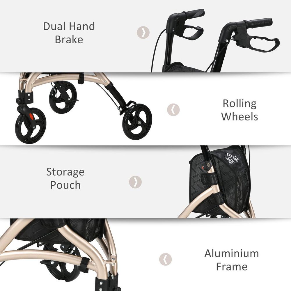 Lightweight Aluminium 3-Wheel Rollator with Adjustable Handle Storage Bag