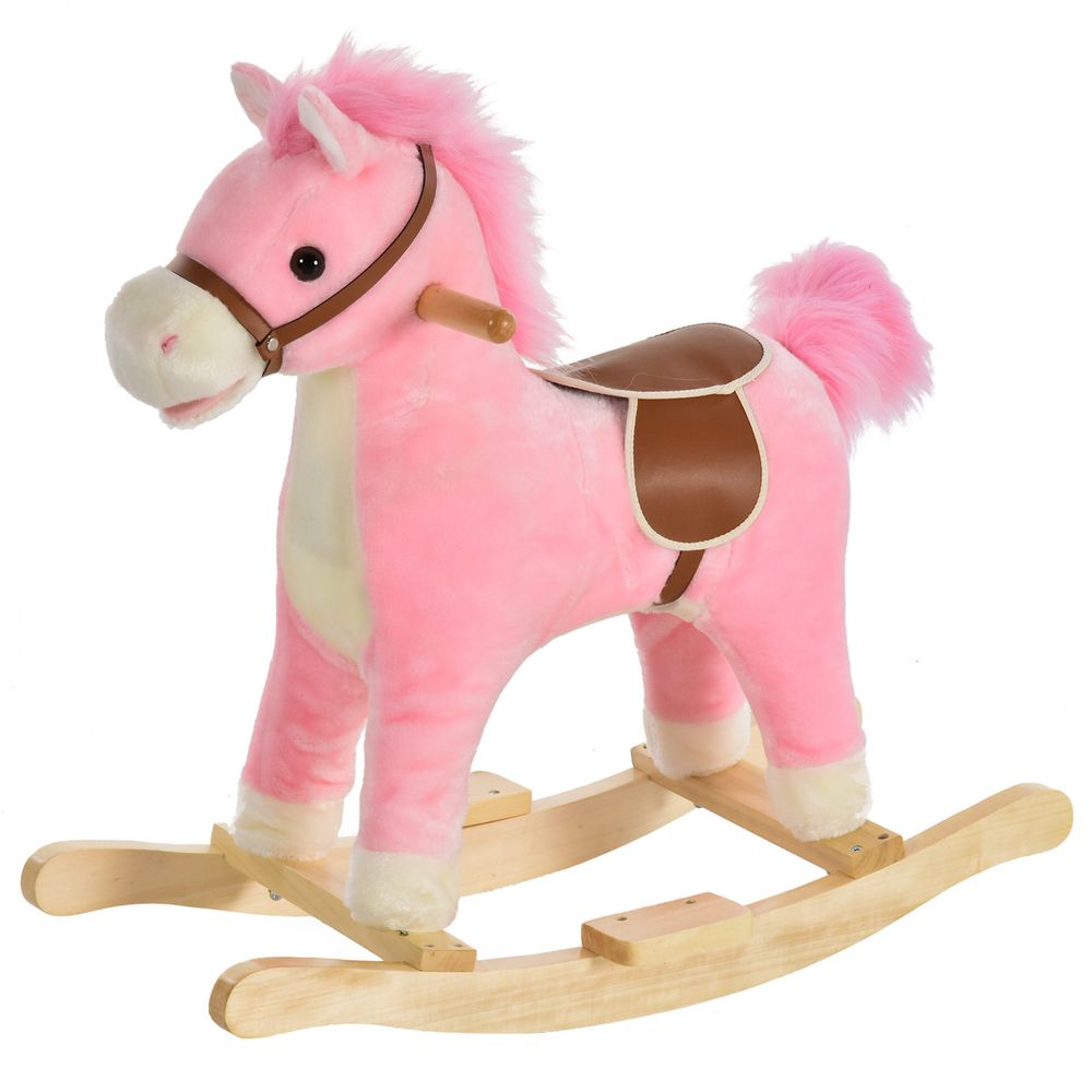 High-Quality Kids Plush Rocking Horse w/ Moving Mouth & Tail Sounds - Pink