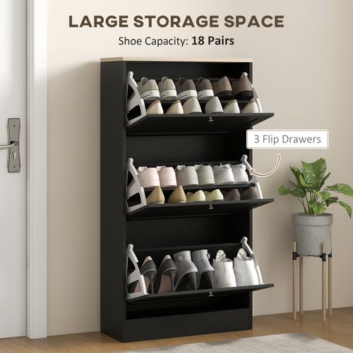 Narrow Shoe Cabinet with 3 Flip Drawers for 18 Pairs of Shoes Black