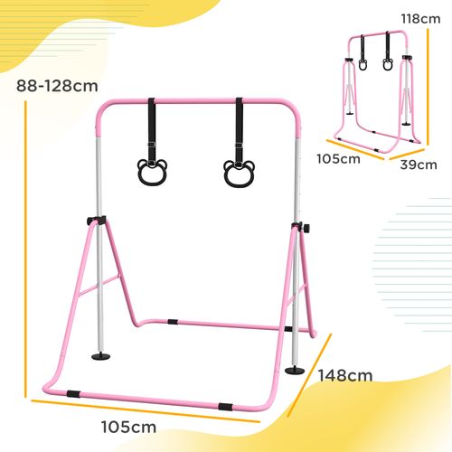 Adjustable Height Foldable Kids Gymnastics Bar with Non-Slip Mats, Pink