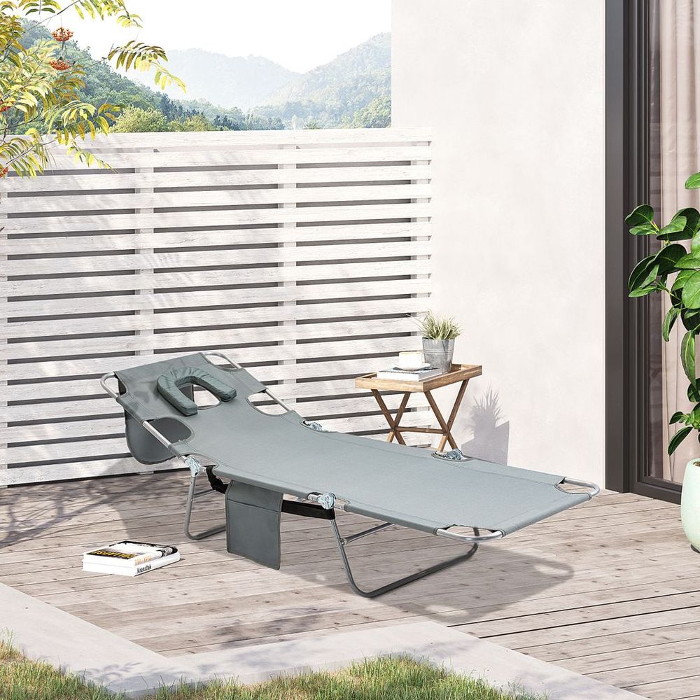 Portable Adjustable Beach Chaise Lounge with Face Cavity - Grey