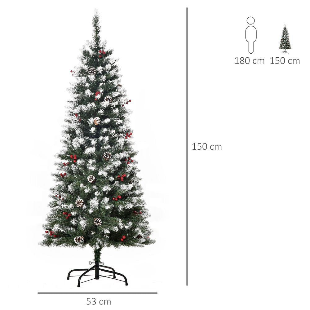 5FT Artificial Christmas Tree Pencil Tree Berries Pinecones Foldable Feet Green