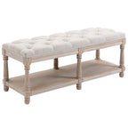 2-Tier Bed End Bench, Vintage Stool, Wooden Window Seat with Storage Shelf, Button Tufted Upholstered Footstool for Living Room, Bedroom, Entryway, Cream White