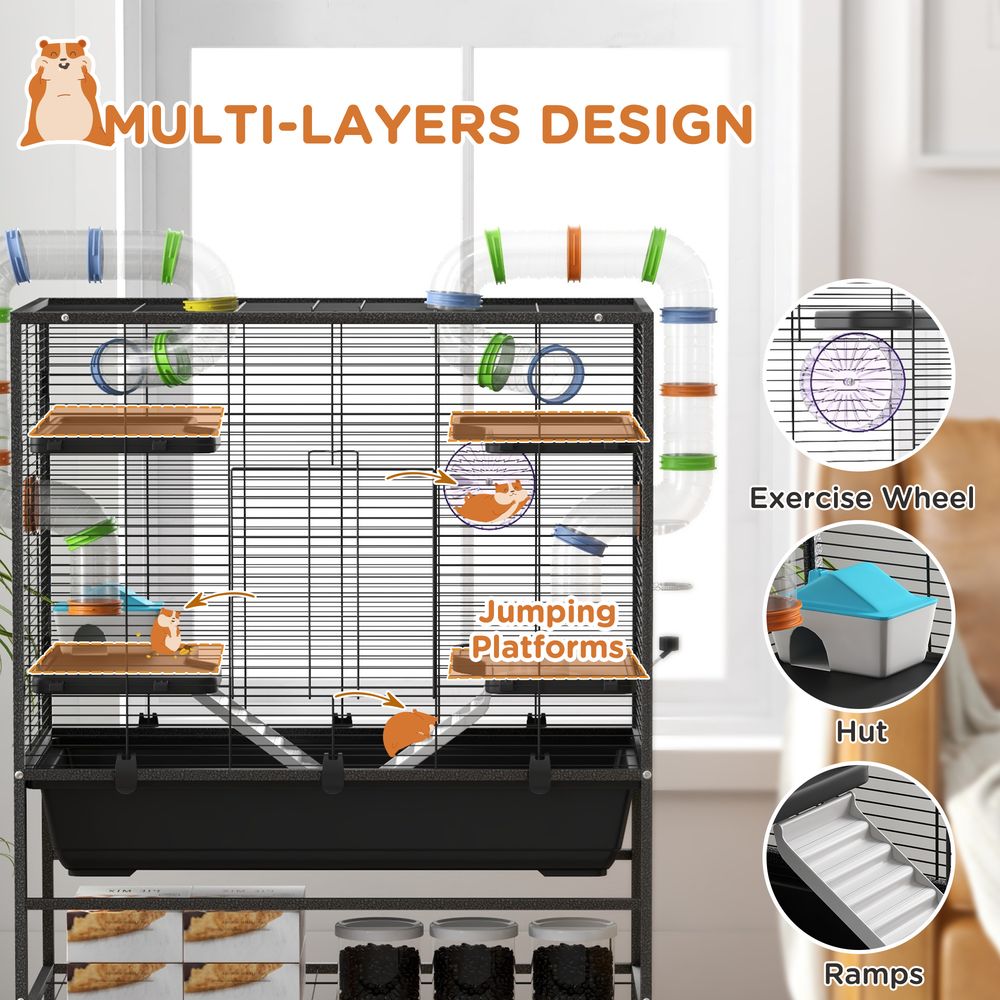 Large Hamster Cage, Rat Cage with Wheels, Tubes, Storage Shelf, Ramps
