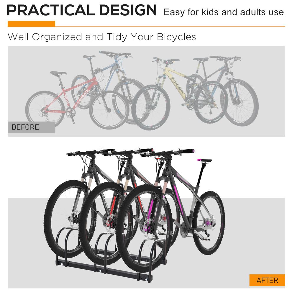 Bike Stand Parking Rack Floor or Wall Mount Bicycle Cycle Storage Locking Stand (3 Racks, Black)
