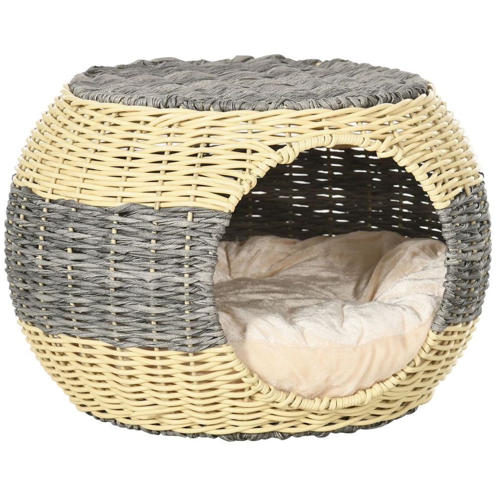 Wicker Cat House, Rattan Raised Cat Bed, Comfy Cushion - 40x30cm