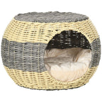 Wicker Cat House, Rattan Raised Cat Bed, Comfy Cushion - 40x30cm