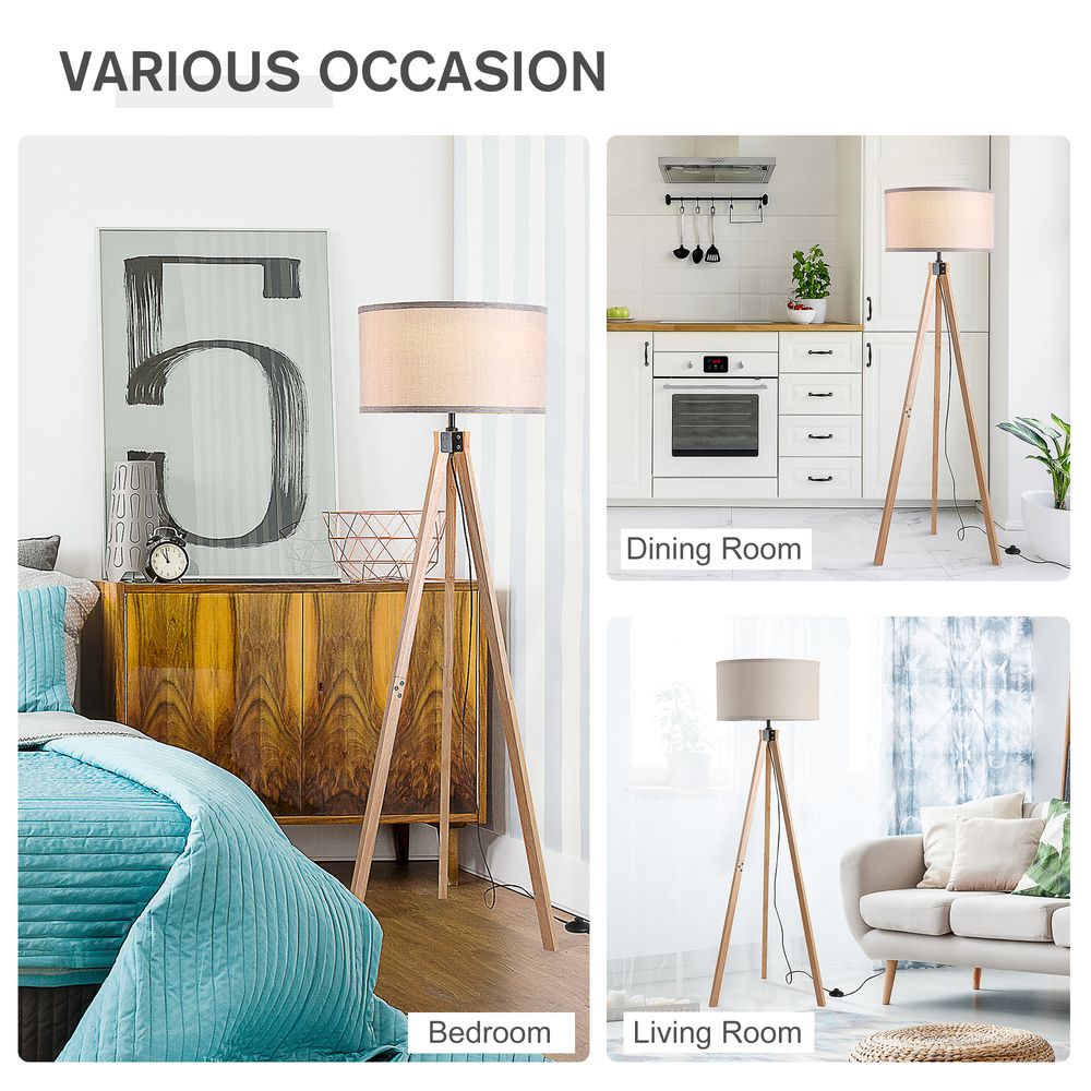 Beige Rubber Wood Tripod Floor Lamp - Professional Grade, & Stylish Home Decor & Lighting Solution