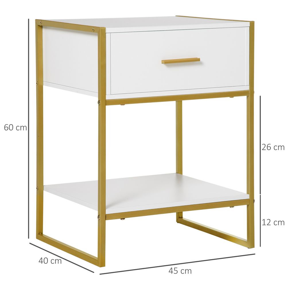 Modern Bedside Table, Nightstand with Drawer Shelf, Side Table for Living room, Bedroom White and Gold